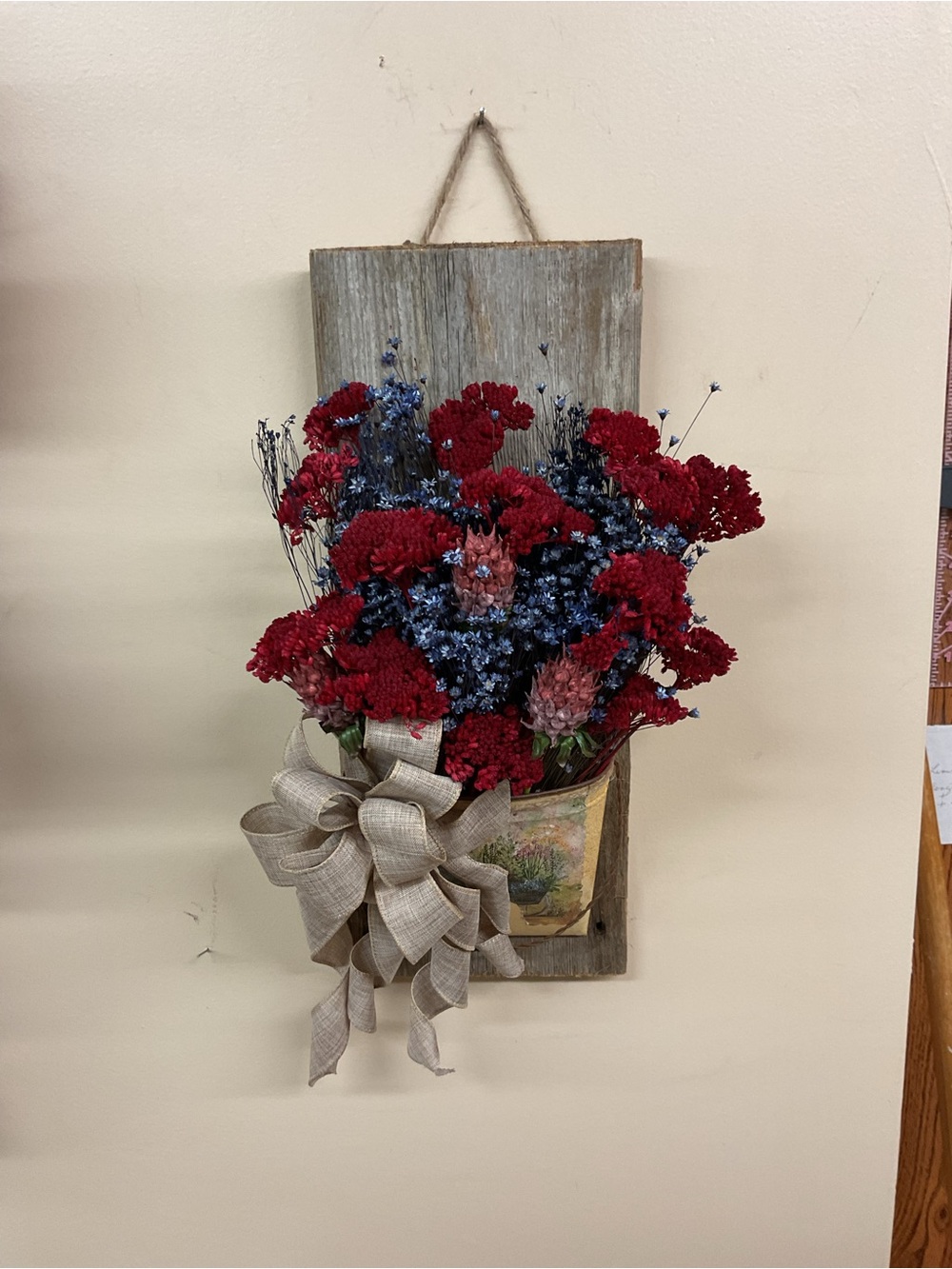 Rustic Wall Pocket with Red and Blue Dried Florals
